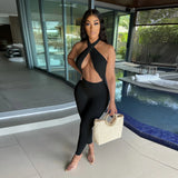 Black White Halter Cut Out Jumpsuit Women Summer 2023 Romper One Piece-Outfit