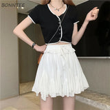 Women Pleated High Waist Fashion Solid Korean Style All-match Mini Summer Newest Simple Streetwear Holiday Female