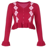 Plaid Y2K Knitted Cardigans for Women Autumn V-neck Aesthetic Harajuku Sweaters Long Sleeve Korean Knitwear