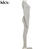 Kliou Solid Concise Two Piece Set Women Skinny Bodycon-shaping Crew Neck Bodysuit+High Waist Slim Sporty Leggings