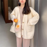Woherb Autumn And Winter New Korean Version Fashion Lazy Wind Loose Casual Sweater Jacket Ox Horn Buckle Knit Cardigan Female-Outfit