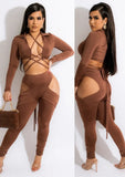 Sexy Bandage Hollow Out Long Sleeve Crop Top And Cut Out Pant Two Piece