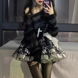 Hole Ripped Short Sweater Female Couple Striped Loose Punk Dark Sweater Versatile Knit-Outfit