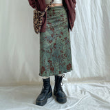 Woherb Chinese Print Retro Style Skirt Autumn 2023 New Sen Fresh Low Waist Color A Word Long Skirt-Outfit