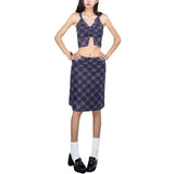 Woherb Summer New Women's Wear Waist Draw Pleated Plaid Crop Small Vest Slim Skirt-Outfit