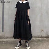 Sleeve Dress Women Peter Pan Collar Ankle-length Black 4XL Sweet Harajuku Girls Loose Summer Kawaii Pleated Long Trendy-Outfit