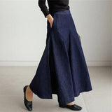 Women High Waist Over Length Jeans Pants Loose Trousers Pockets Elastic Waist Female Wide Leg Denim Pants QT208-Outfit