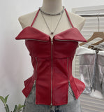 Shoot Hottie Hanging Neck Zipper Open Fork Sling Vest Pu Skin Bra Repair Short Sleeveless Top
