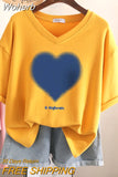 100% Cotton L-6XL T Shirt Plus Size Tshirt Short Sleeve Women Top Summer Heart Print Couple V Neck Oversized T Shirts-Outfit