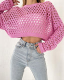 Spring And Summer New Knitted Shirt Horn Sleeve Loose Round Collar Hollow Sweater