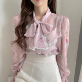 Cute Pink Retro Vintage Ruffles Bow Tie Ribbon Tops Flhjlwoc Basic Elegant Work Formal Single Breasted Button Solid White