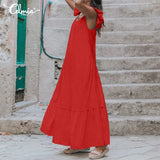 2022 Bohemian Long Dress Women Solid Color Sexy Short Sleeve Ruffle Summer Sundress Casual Loose Beach Maxi Vestidos
