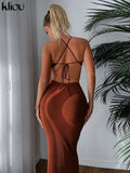 Kliou Ribbed Lace up Maxi Dress Women Sexy Solid Sleeveless Backless Body-Shaping Cut Out Skirt Party Clubwear Female