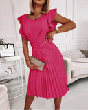 Summer Women's New Round Collar Waist Pleated Flounce Dress With A Belt-Outfit