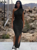 Kliou Solid Elegant Maxi Dress Women Inclined Shoulder Sleeveless Body-Shaping Side Split Robe Partywear Female