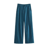 Women Fashion Side Pockets Front Darts Straight Pants Vintage High Waist Zipper Fly Female Trousers Mujer-Outfit