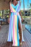 Hot Style Summer Sleeveless V-Neck Print Hem Slit Dress Woman-Outfit