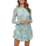 Summer Women Beach Vacation Floral Backless Dress 2021 Long Sleeve O-Neck Print Long Sleeve Round Neck Ruffles