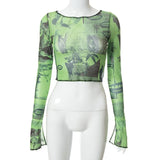Graphic Print Green Mesh Sheer T-shirt Long Flare Sleeve Slim Crop Tops Sexy See Trough Women Tops Y2K Vintage Grunge-Outfit