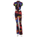 Short Sleeves Print Hollow Out Top Flare Pants 2 Pieces Suits 2021 Fall Women Bodycon Sexy Streetwear