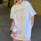 T-shirts Women Purple Cobweb Print Summer New Short Sleeve College Korean Loose All-match Design Tops Harajuku Fashion-Outfit