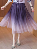 Spring Gradient Elastic Waist Midi Mesh Skirt Women Elegant High Waist Pleated Long Tulle Skirt QT1982-Outfit