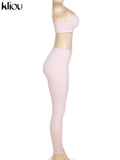 Kliou Sporty Solid Two Piece Set Women Skinny Inclined Shoulder Hole Cleavage Tank Tops+ Concise Stretchy Pants Workout