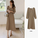 Chic Korean Fashion Women Temperament Office Lady Elegant Work Basic Wear Solid Vintage Long Dress Fenimine Vestidos