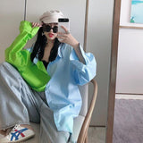 Elegant Blouses for Women Summer Shirts for Women Blue Green Patchwork Shirt Contrast Loose Top Women's Fashion Tunics-Outfit