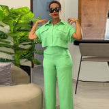 Women's 2025 Summer New Casual Clip Short Sleeve Shirt Broad Leg Pants Fashion