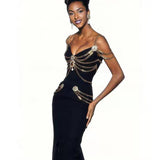 Quality New Black White Chain Spaghetti Strap V-Neck Split Bandage Dress Bodycon Celebrity Club Party Long Dress