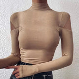 Off Shoulder Cut Off Patchwork Spring Shirts 2020 Women Hollow Out O Neck Elegant Blouse Autumn Long Sleeve Rib Tops
