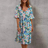 Loose Summer Dress Female O-Neck Short Sleeve Ruffle Party Dress Plus Size Casual Floral Print Boho Spring Dress