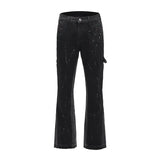 Street Retro Spotted Ink Contrast Color Flared Jeans Pants Male Wide Leg Plus Size Patchwork Ripped Denim