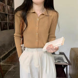 Woherb And Autumn New Polo Collar Sweater Short Jacket Women's Fashion Slim Pure Color Simple Small Cardigan Single Coat-Outfit