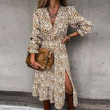 Women Floral Print V Neck Side Slit Party Dress Spring Autumn Long Sleeve Elegant Ladies Sexy Elastic Waist Slim Dress