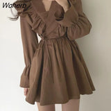 Women Ruffles Dresses Sweet V-neck Lantern Sleeve Lace-up Mini Womens Vestidos Vintage Ulzzang Slim Elegant Streetwear Versatile-Outfit