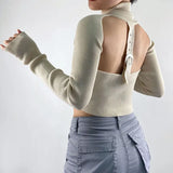 Chic Knitting Tops y2k Women Zip Up Stand Collar Striped Long Sleeve T Shirt 2000s Grunge Clothes Fashion Streetwear-Outfit