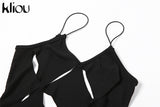 Kliou Unique Style Geometric Maxi Dress Women Elegant Spaghetti Strap Cleavage Backless Hollow Out Robe High Street Lady