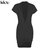 Kliou Solid Sexy Mini Dress Women Hipster Bundled Ball Sheath Short Sleeve Low V-Neck Shaped Waist Hot Streetwear Female