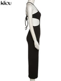 Kliou Ribbed Lace up Maxi Dress Women Sexy Solid Sleeveless Backless Body-Shaping Cut Out Skirt Party Clubwear Female