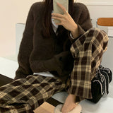 Waist Women's Brown Plaid Pants Streetwear Oversize Wide Leg Checkered Trousers Woman 2024 Loose Y2K Retro Sweatpants Mujer-Outfit