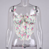 hirigin Floral Cami Top Women Sweet Print Hollow Up Tie Up Sexy Crop Top Summer Sleeveless Ruched Boning Bustier Casual Tank