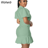 Elegant Commuter Mini Dress Women Fashion V-neck Double Breasted Puff Sleeves Ruffled Mini Dress Women-Outfit