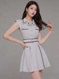 2 Pieces Outfits Women Clothing Temperament Retro Crop Tops Shirt Blouse High Waist Mini Skirt Lady Mujer Slim Short Sets-Outfit