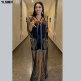 African Dresses for Women 2023 Dashiki Sexy Black Mesh Diamonds Maxi Dress Party Clothes Robe Femme with Inner Dress-Outfit