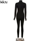 Kliou solid turtleneck full sleeve jumpsuits classic one piece women fitness slim rompers zipper long overall skinny