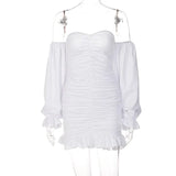Women Solid Off Shoulder Long Loose Flare Puff Sleeve Ruched Mini Dress 2021 Autumn Streetwear Outfit Fashion