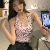 Women Sweet Chic Floral V-neck Sexy Leisure Fashion Skinny Crop Tops Girls Halterneck Backless Harajuku Hot Ins Streetwear-Outfit