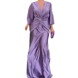 Woherb Summer New Fashion Sexy V-Neck Pleated Solid Color Loose Dress-Outfit